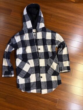 RD Style Black & White Hooded Plaid Shirt Jacket